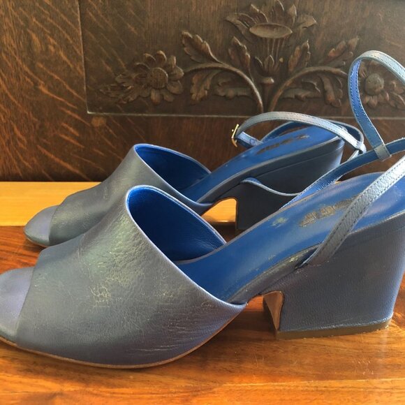 ZOMP Peep Toe Teal Blue Block Heel Shoes Size 37.5, leather sole,  3" heel - Picture 2 of 6
